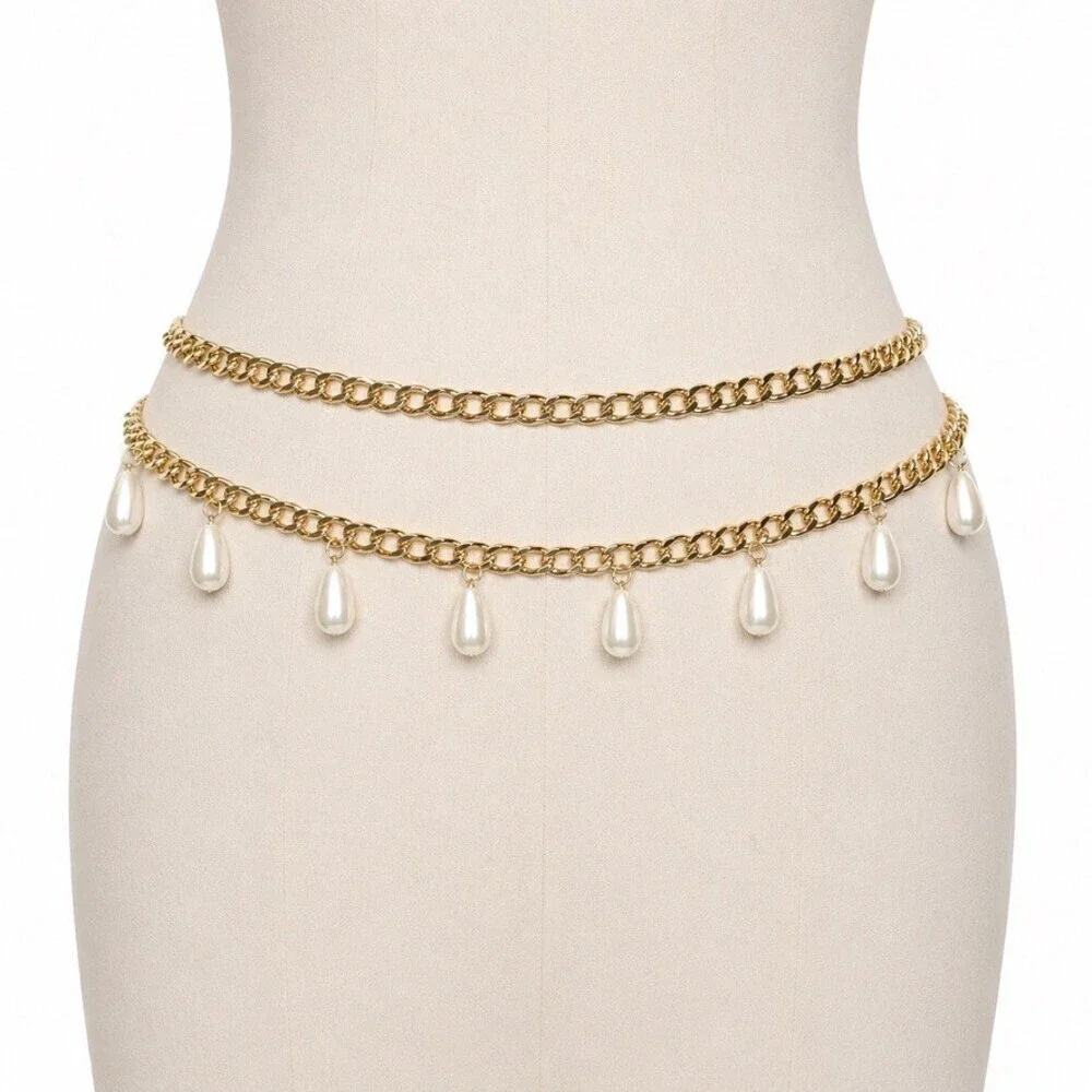 Vintage Pearl Teardrop Dangle Double Layer Gold Curb Chain Belt womens large XL